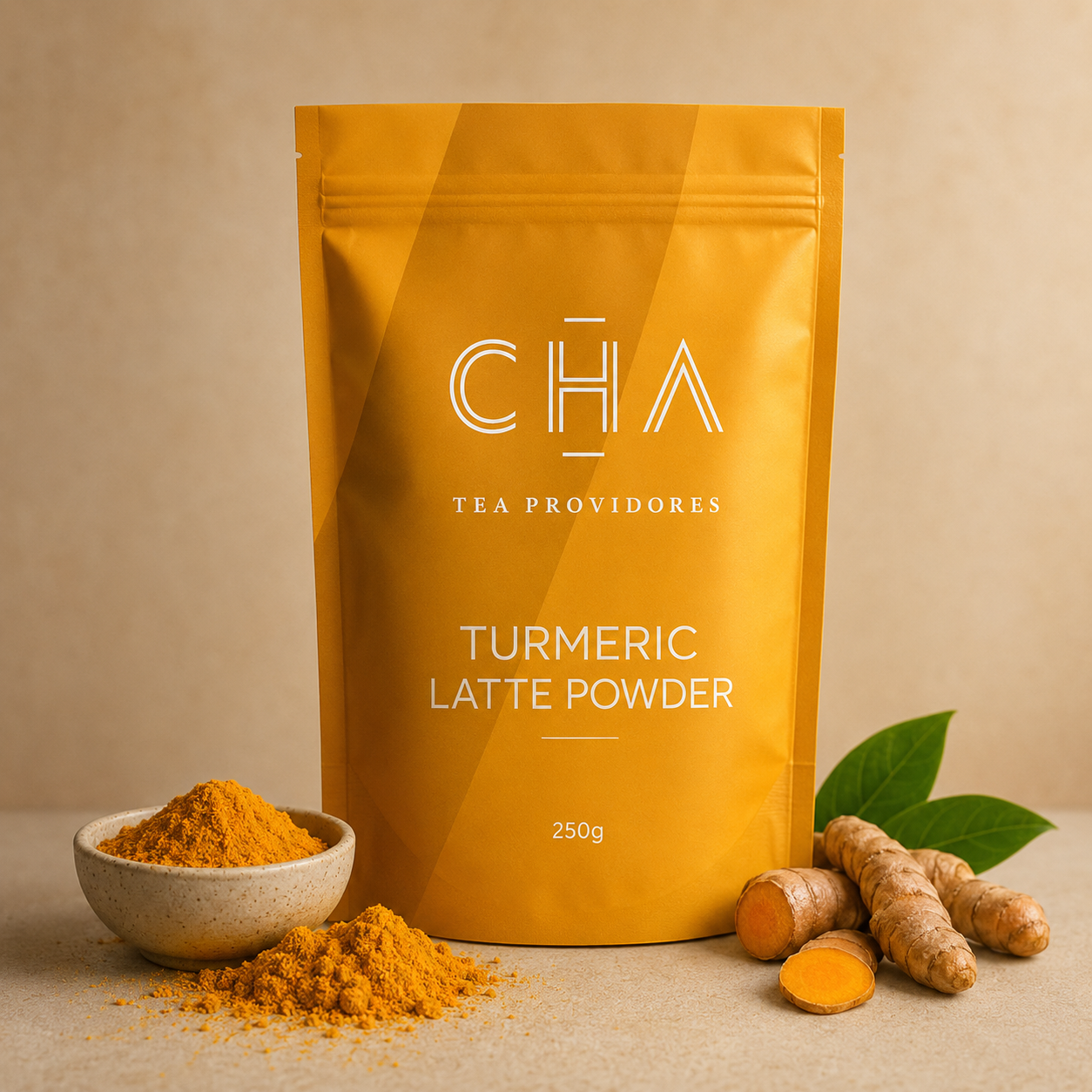 CHA Tea Providores Turmeric Latte Powder 250g — golden latte blend, caffeine free, warm turmeric spice