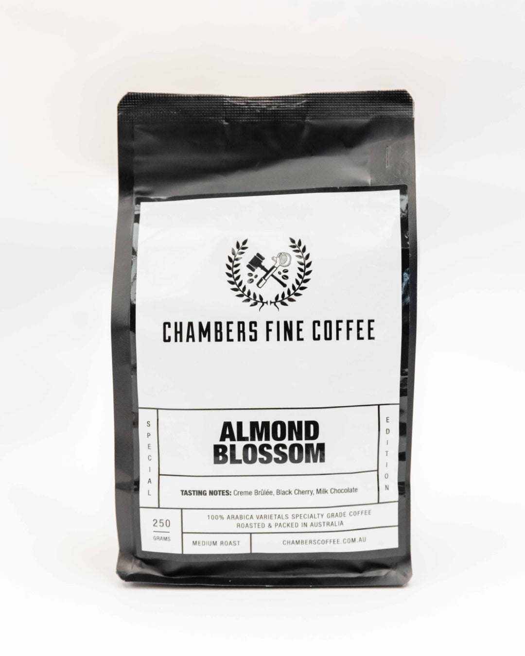 Almond Blossom coffee beans poured — Chambers house espresso blend, whole beans and grind options