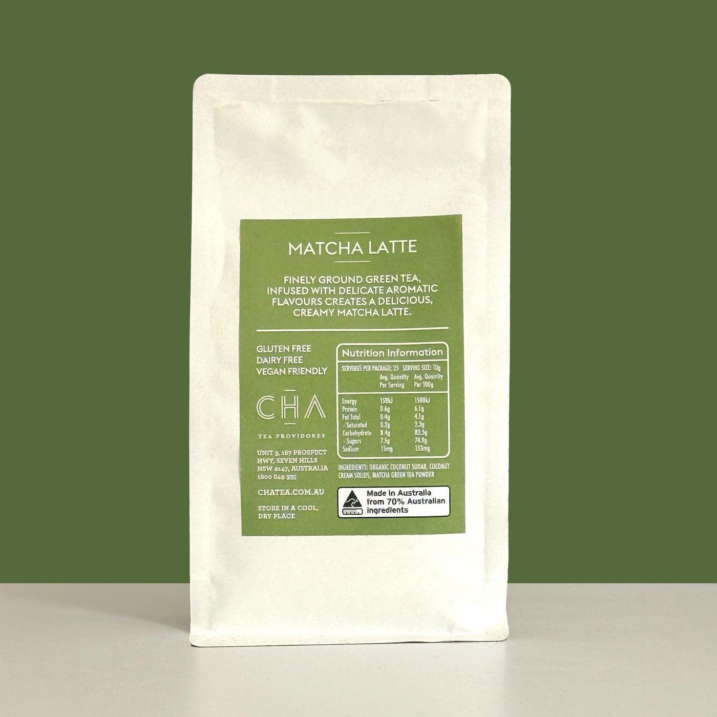Matcha Latte Powder ingredients — premium green tea, natural and clean